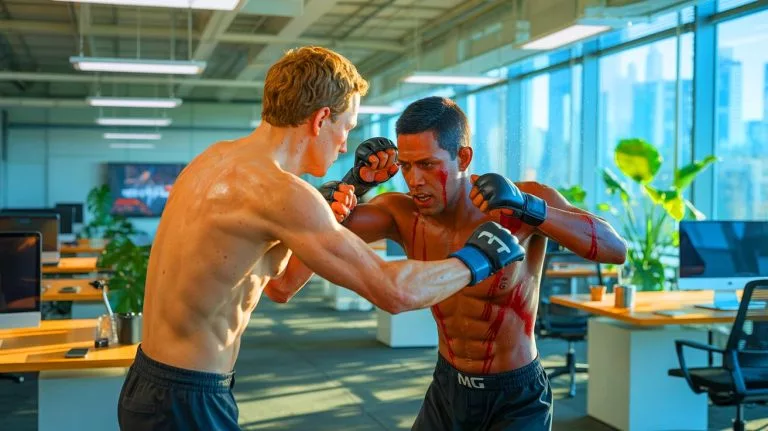 Illustration de Mark Zuckerberg pratiquant le MMA dans un cadre professionnel.