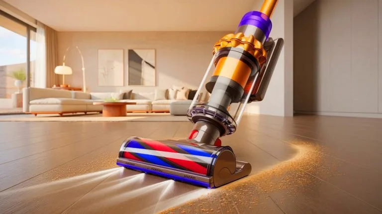 Illustration de la mise à jour de l'aspirateur Dyson V8 Cyclone avec ses innovations et son design distinctif.