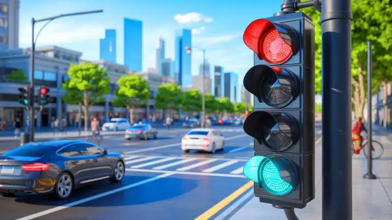 Illustration de l'EVOLIGHT, le feu tricolore intelligent récompensant les conducteurs respectant la vitesse autorisée.