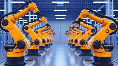 « Huit robots dansent ensemble en parfaite harmonie » : cette IA britannique qui chorégraphie les usines révolutionne l’industrie et terrifie les ouvriers Illustration de la coordination innovante des bras robotiques par RoboBallet dans un environnement industriel.