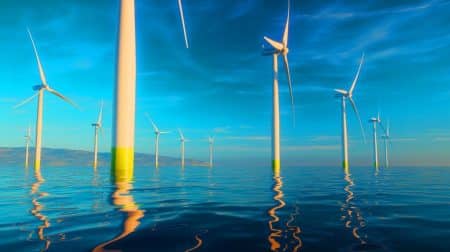 Illustration de l'implantation de turbines éoliennes pour le projet offshore Formosa 4 à Taïwan.