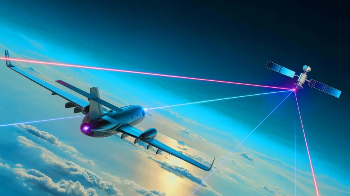 Illustration de la transmission laser à haute vitesse entre un avion et un satellite.