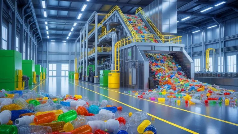 Illustration de la transformation des plastiques à usage unique en ressources précieuses grâce à un catalyseur innovant.