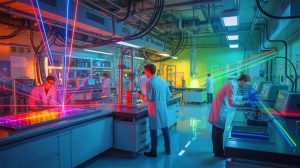 Illustration de la course technologique entre la France et les États-Unis pour dominer le domaine des lasers ultra-puissants.