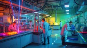 Illustration de la course technologique entre la France et les États-Unis pour dominer le domaine des lasers ultra-puissants.