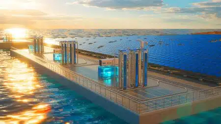 Illustration de la technologie de désalinisation solaire utilisant l'oxyde pérovskite pour produire de l'eau potable.