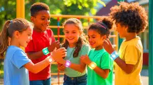 Illustration de l'utilisation du bracelet ChromaConnect par des enfants pour favoriser une communication inclusive pendant le jeu.