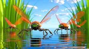 Illustration de petits robots inspirés par les insectes capables de se déplacer à la surface de l'eau grâce à une innovation technologique.