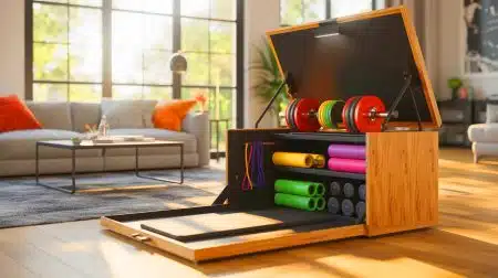 « Ça ressemble à une table basse » : cette salle de sport cachée dans un coffre qui révolutionne le fitness à domicile Illustration de Tonerbox, un gymnase complet dissimulé dans un élégant coffre en chêne.