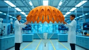 Illustration de chercheurs présentant le prototype de parachute inspiré du kirigami pour des livraisons précises.