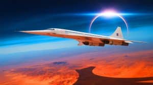Illustration de l'expérience scientifique à bord du Concorde observant une éclipse solaire prolongée.