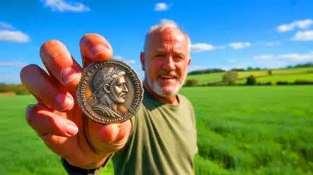 « Il a creusé six ans pour ça » : un retraité découvre une pièce romaine unique d’Aulus Vitellius vendue plus de 6 000 € (et le mystère reste entier) Illustration de la découverte d'une pièce romaine rare par un retraité anglais après six ans de recherches.