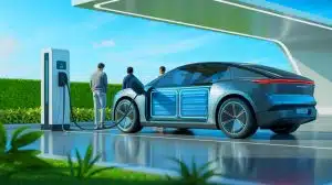 Illustration de l'innovation technologique de Panasonic dans les batteries pour véhicules électriques.
