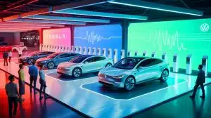 Illustration de l'évolution stratégique de Tesla et Volkswagen au cœur de l'industrie automobile européenne.