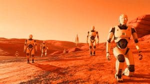 Illustration de robots humanoïdes envisagés pour l'exploration de Mars par Elon Musk.