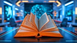 Illustration de Merriam-Webster dévoilant son dictionnaire physique comme réponse à l'essor de l'intelligence artificielle.