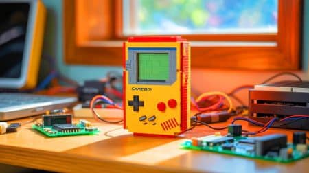 Illustration de la transformation d'une Game Boy LEGO en une console fonctionnelle par Natalie The Nerd.