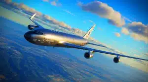 Illustration de l'avion Boeing E-6 Mercury survolant l'Europe dans un contexte de dissuasion stratégique.