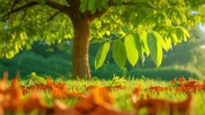 Illustration de la découverte d'un herbicide naturel à partir des feuilles de noyer de Mandchourie.