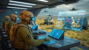 Illustration de l'interface collaborative EagleEye pour la planification des missions militaires.
