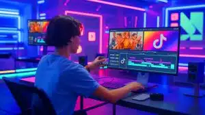 Illustration de la création de vidéos TikTok améliorée par des outils d'intelligence artificielle.