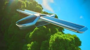 Illustration de l'innovant véhicule Streetwing survolant une canopée, symbolisant la mobilité aérienne propre et durable.