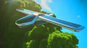 Illustration de l'innovant véhicule Streetwing survolant une canopée, symbolisant la mobilité aérienne propre et durable.