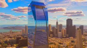 Illustration de l'acquisition par Anthropic d'un gratte-ciel à San Francisco pour son développement en intelligence artificielle.