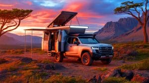 Illustration de l'expédition compacte avec le Bliss Mobil 8 sur un châssis de Toyota Land Cruiser.