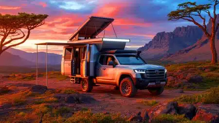 Illustration de l'expédition compacte avec le Bliss Mobil 8 sur un châssis de Toyota Land Cruiser.