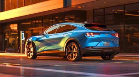 Le Ford Mustang Mach-E 2025 reste un favori incontournable des amateurs de SUV électriques sportifs et innovants Illustration de la Ford Mustang Mach-E 2025 dans sa version électrique sportive.
