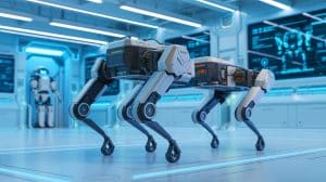 Illustration de la transformation du robot modulaire D1 de quadrupède à deux bipèdes auto-équilibrants.
