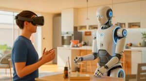 Illustration de l'interaction entre le robot humanoïde Neo et un opérateur humain à distance.