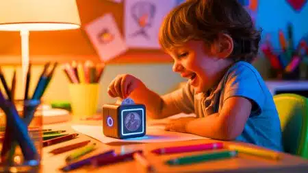 Un gadget AI transforme les dessins des enfants en autocollants imprimables, stimulant leur créativité et imagination Illustration de l'appareil Stickerbox transformant les idées des enfants en autocollants imprimables.