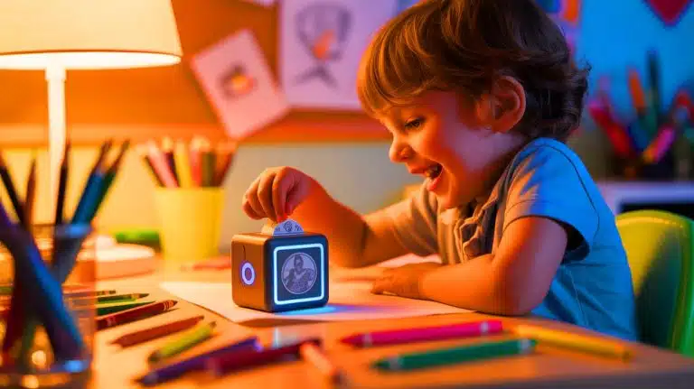 Un gadget AI transforme les dessins des enfants en autocollants imprimables, stimulant leur créativité et imagination Illustration de l'appareil Stickerbox transformant les idées des enfants en autocollants imprimables.