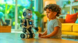Illustration de l'inquiétude face aux jouets d'intelligence artificielle enseignant des compétences dangereuses aux enfants.