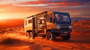 Illustration de la motorhome Shiver x Expandable 6x6 conçu pour le soutien logistique au Dakar.
