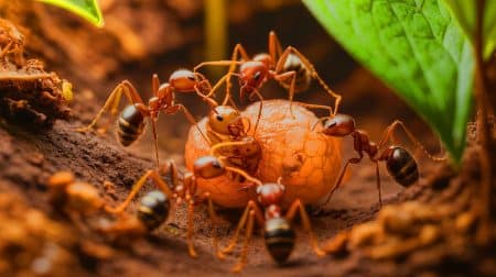 Illustration de fourmis ouvrières désinfectant une pupe infectée pour protéger leur colonie.